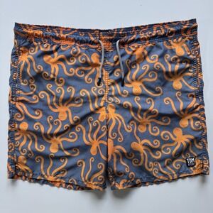 TOM & TEDDY Octopus Mesh Lined Swim Trunk Shorts Mens Large Orange Blue Beach‎